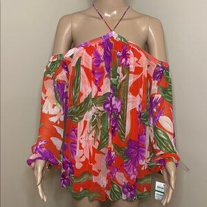 INC International Concepts Off-Shoulder Bell Sleeve Blouse in Orange and Pink